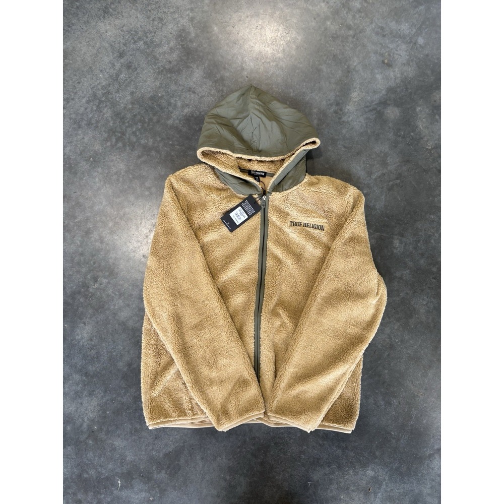 Men's Size Large True Religion Sherpa Tan And Green Zip Up Jacket New With Tags